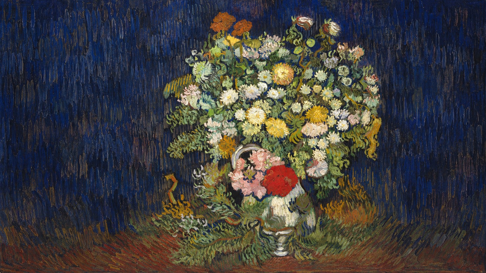 A painterly bouquet of pink and white flowers in a vase, against soft green.