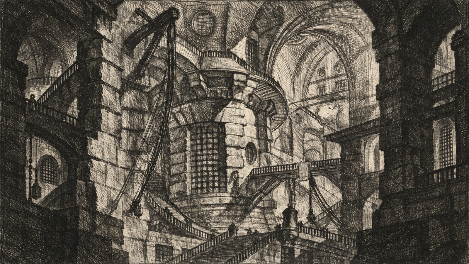 An intricate monochrome architectural interior with monumental towers, stairs, and arches.