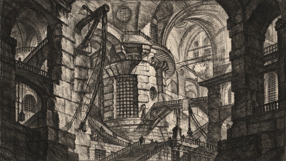 An intricate monochrome architectural interior with monumental towers, stairs, and arches.